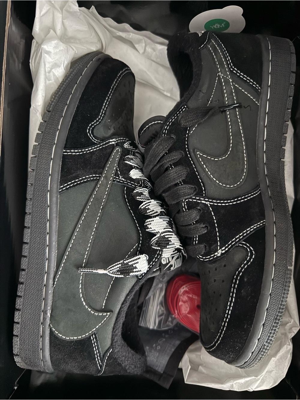 Travis Scott Black Suede & Leather Low-Top Sneakers with White Stitching